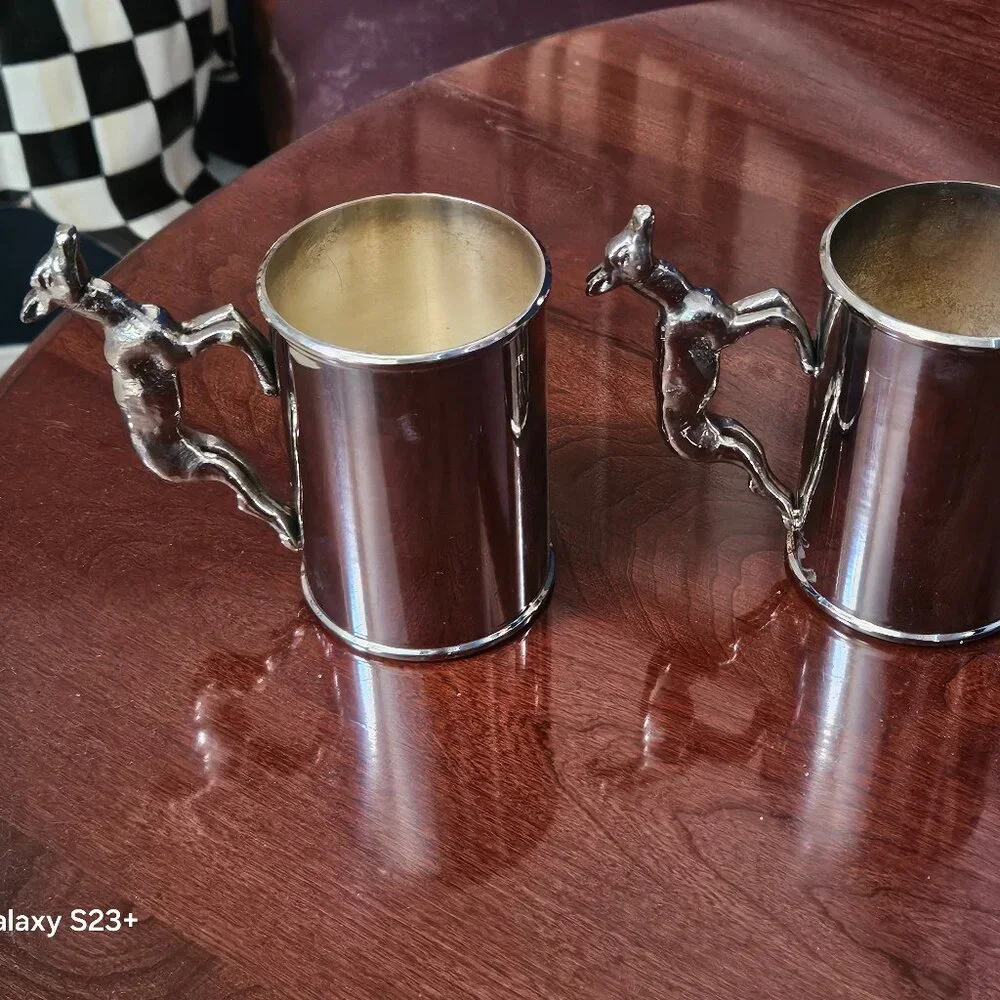 2 LUXURY VINTAGE RARE ESTATE GUCCI TANKARD SILVER PLATE DEER BEER STEIN CUP MUG